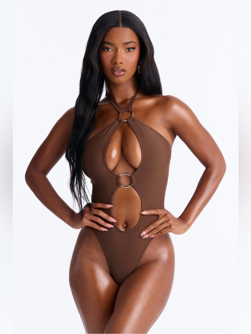 NWT Cutout One Piece Halter Swimsuit Brown Small